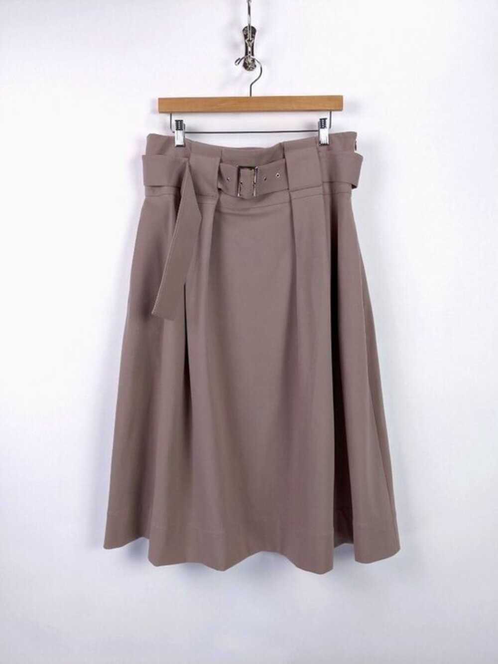 Ming Wang Womens High Waist Belted A-Line Midi Skirt Pleated Flare Mocha Size XL